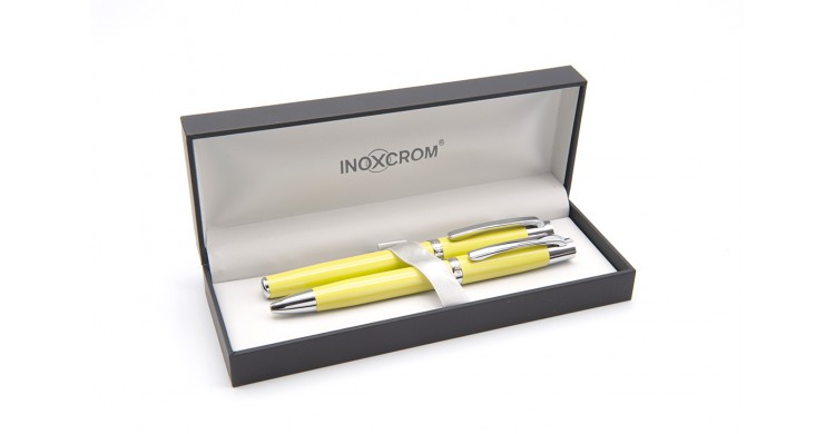 Inoxcrom Arc ballpen & fountain pen set, lacquered in pear yellow